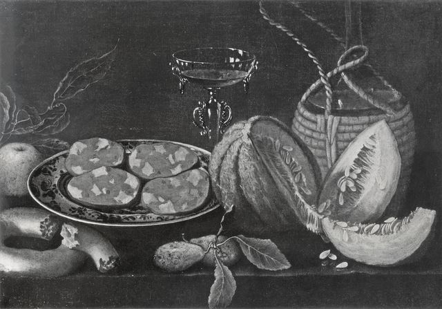 Anonimo — Anonimo lombardo - sec. XVII - Natura morta con piatto di salame, melone, prugne, fiasco e calice — insieme
